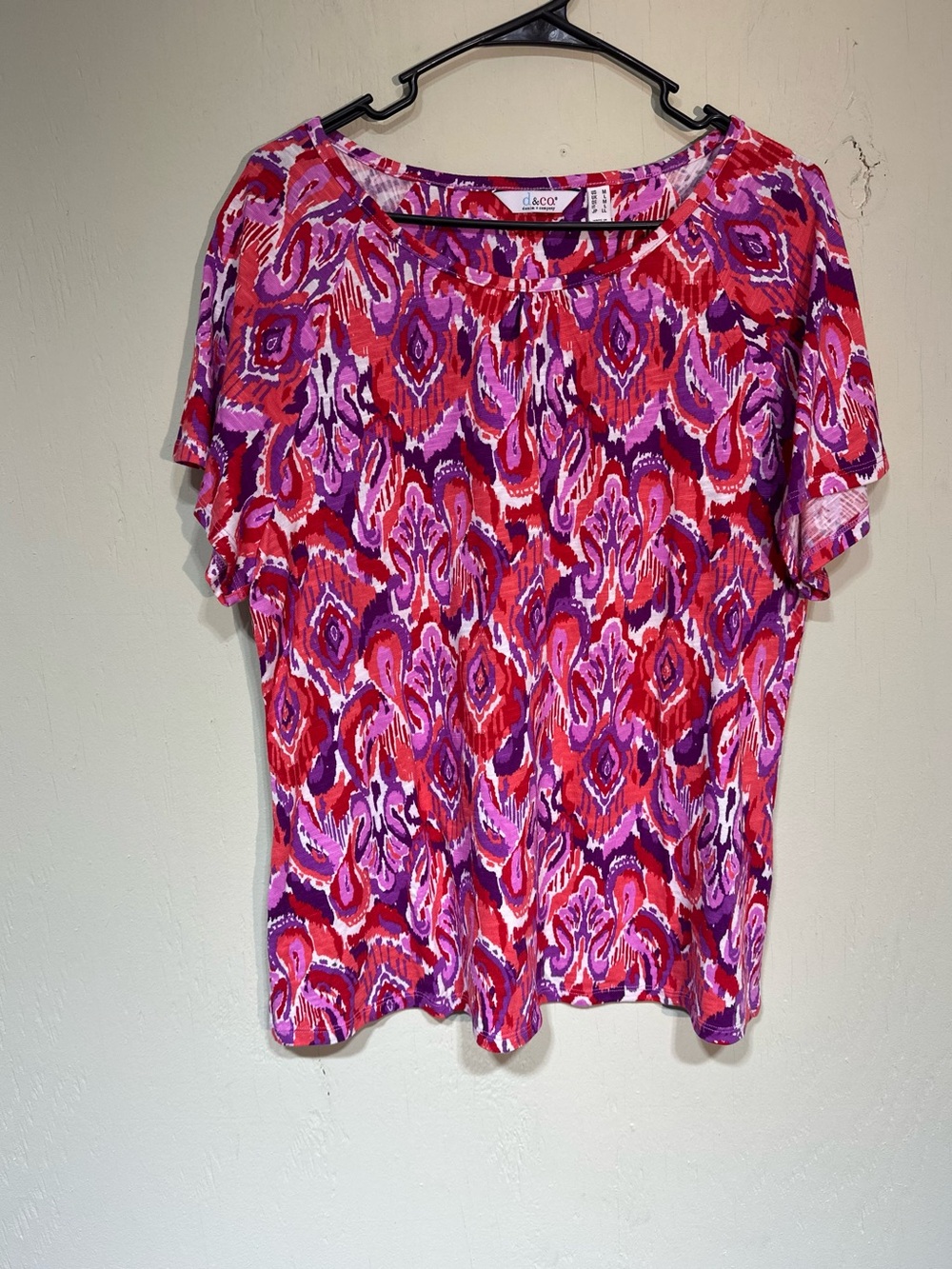 Denim & Co. linen cotton red & purple paisley ikat print short sleeve blouse M